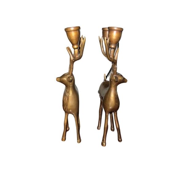 Vintage Pair Solid Brass Reindeer Candle Holders Christmas Holiday Decor - Picture 5 of 11